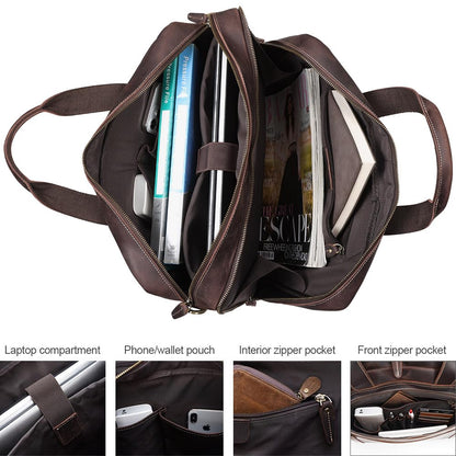 TIDING Vintage Genuine Leather Briefcase for Men 17.3 Inch Computer Bag Business Travel Messenger Bag Attache Case