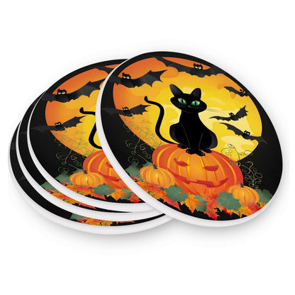 Halloween Drink Coaster, Black Cat Round Drinks Coaster Set, Great Gifts Warming Presents Decor for Halloween Christimas Thanksgiving