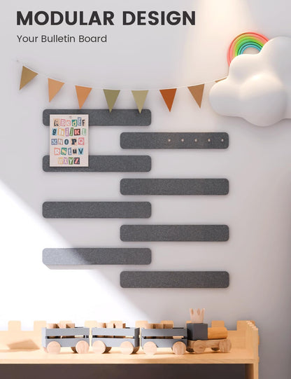 Fluxynara Cork Board Alternative Felt Strip Board 8-Pack 13"x2", Office Pin Board with 50 Push Pins, Adhesive Install for Bedroom Door & Home Office (Charcoal Gray)