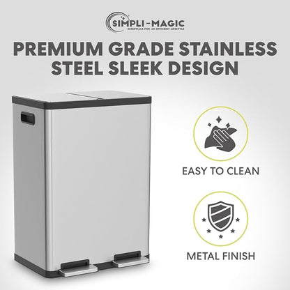 Simpli-Magic 16 Gallon (60L) Step Trash Can – Dual Compartment Kitchen Garbage Can with Waste & Recycling Bins – Slow-Close Lid, Odor Control, Hands-Free, Inner Bases, Premium Stainless Steel