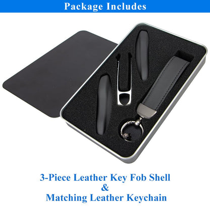 AeroBon 3-Piece Leather Key Fob Shell and Keychain Set Compatible with Porsche Key Fob Replacement (MK2, Black)