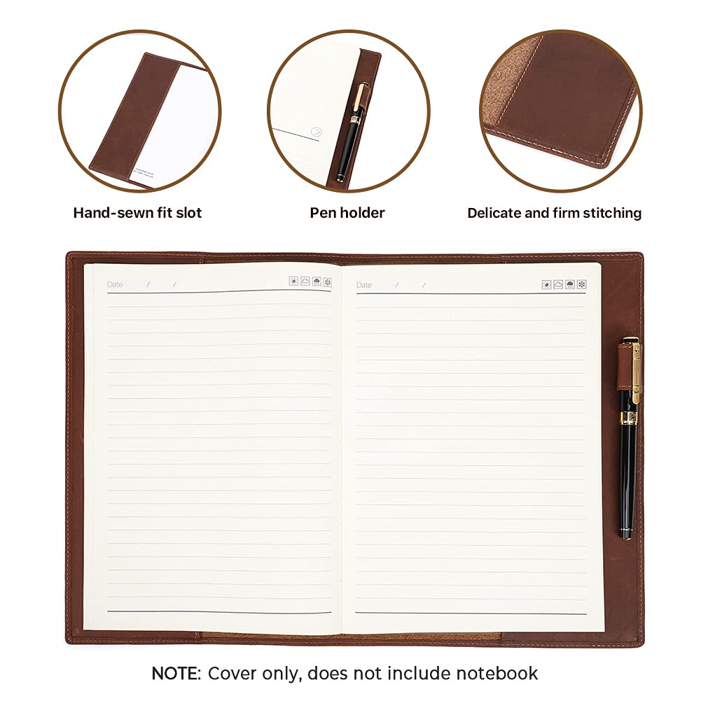 Hiram B5 Leather Notebook Cover, B5 Genuine Leather Journal Cover Diary Cover, 7.6in x 10.6 in Writing Notebook Cover,Handbook Cover, Planner Cover Leather