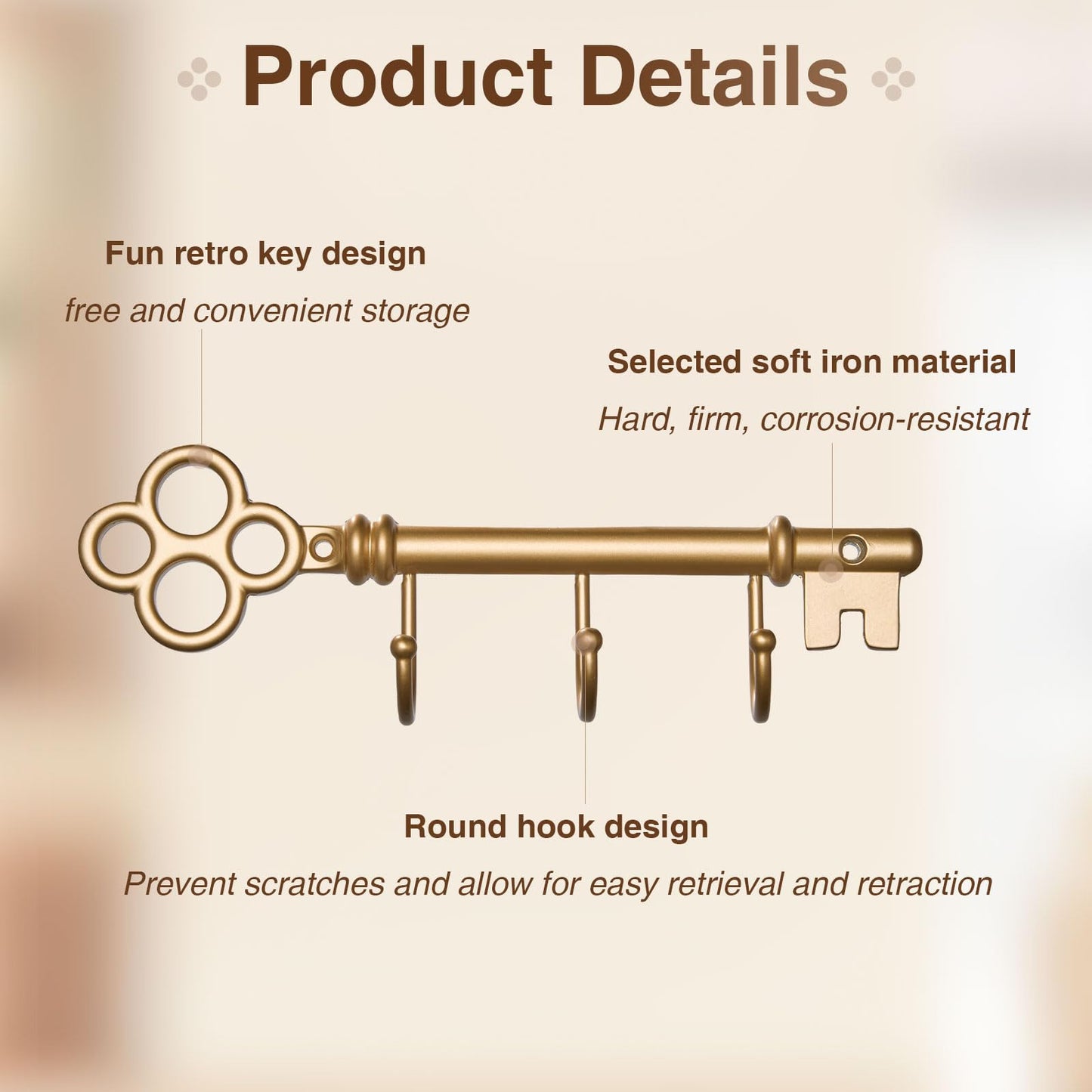 FantasHome Classic Wall Mounted Key Holder Hook Rack, Vintage Key Rack for Entryway (Gold)