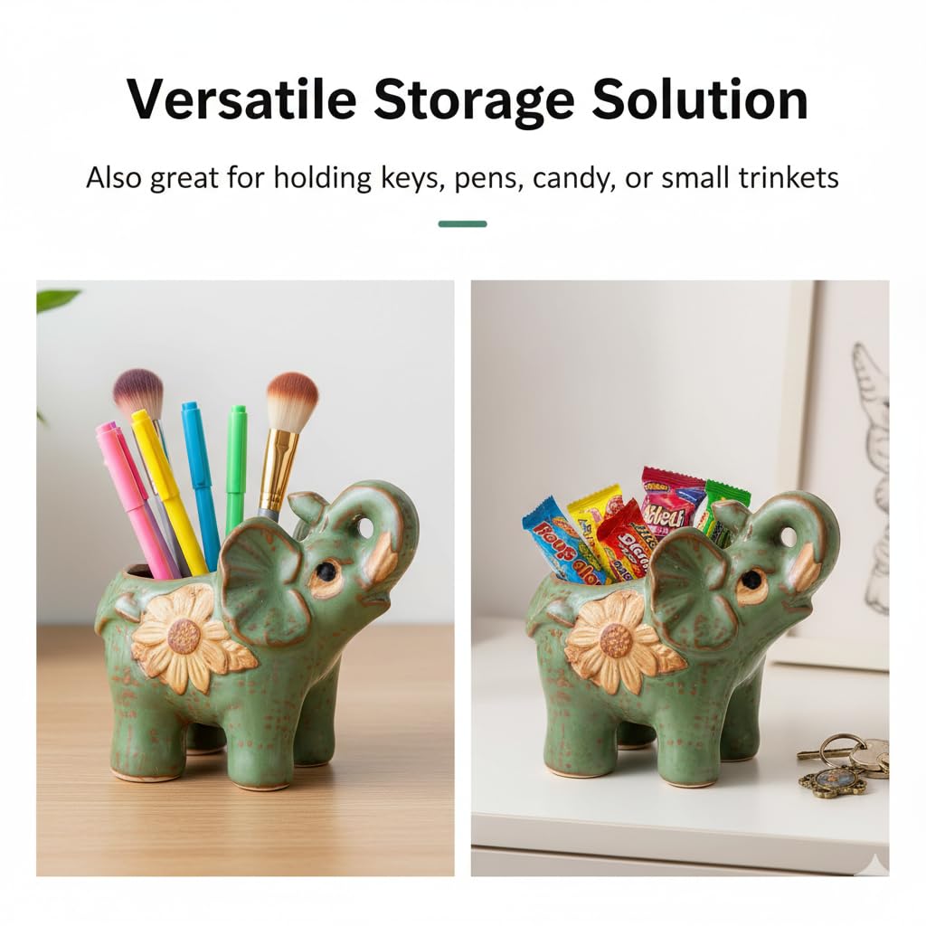 Hemoton Small Succulent Planter Pot with Drainage, Indoor/Outdoor Ceramic Animal Planter, Cute Elephant Cactus/Bonsai Flower Pot, Animal Pencil Holder for Office Home Desktop Decor