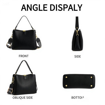 Leather Bucket Bag for Women, Soft Crossbody Top-handle Purse with 2 Style Adjustable Straps, Spacious Daily Handbag for Work, Black