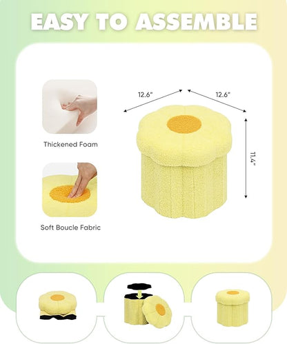B FSOBEIIALEO Storage Ottoman Foldable, Sunflower Shaped Small Footrest Collapsible Folding Seat Bench for Bedroom Living Room Entryway, Faux Teddy Fur, Yellow 12.6"x12.6"x11.4"