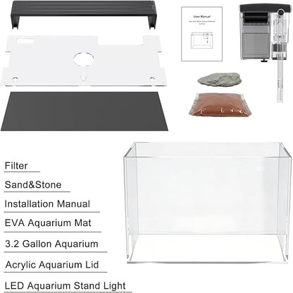 3.2 Gallon Fish Tank, Nano Nature Aquarium,Small Aquarium Starter Kit,Ultra-Clear Rimless Desktop Small Aquarium with Filter,Light,Rainforest Sand,Rock for Betta,Shrimp,Goldfish,Clear Glass