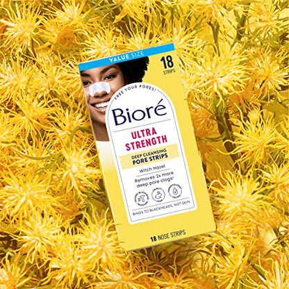 Bioré Witch Hazel Ultra Strength Blackhead Remover Pore Strips, Clears Pores up to 2x More than Original Pore Strips, features C-Bond Technology, Oil-Free, Non-Comedogenic Use, 18 Count