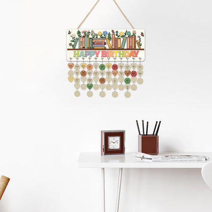 CHDITB Happy Birthday Wooden Reminder Calendar Board, Inspirational DIY Birthday Anniversary Board, Book Floral Birth Tracker Celebrations Hanging Plaque for Classroom Kids Room Decor 15.4''x 6.5''