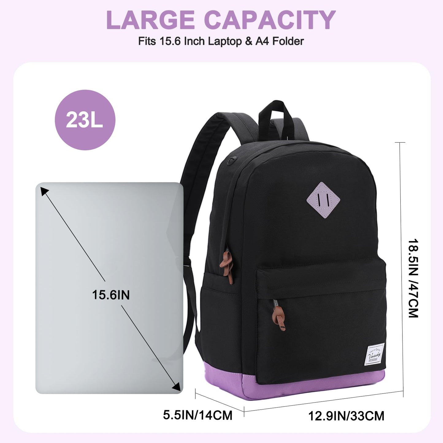 VASCHY Backpack for Teen Girls, Unisex Classic Water Resistant School Backpack Fits 15Inch Laptop (Black Purple)