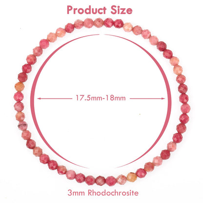 BONNY BOXX Natural Genuine Gemstone Faceted Round Beads Bracelet, 3mm Adjustable Stretchy Tiny Faceted Rhodochrosite, Healing Crystal Reiki Chakra Dainty Jewelry Fashion Gifts
