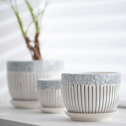 Ton Sin Grey Flower Pots, Texture Planter for Indoor Plants Set of 3 Ceramic Flower Pots with Saucer, Cute Garden Pots Succulent Pots, 6.75/5.6/4.2 Inch, Indoor Outdoor Home Garden Decor