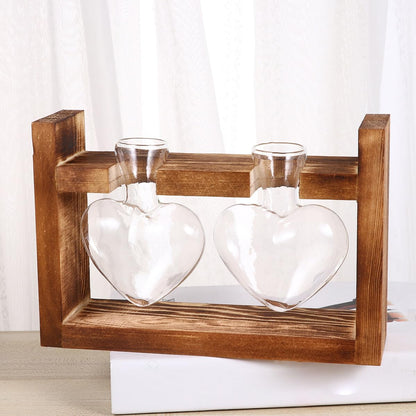 EPIGEIST 2Pcs Heart Shape Glass Vases Hydroponics Planter with Retro Wooden Rack Heat Resistant Transparent Glass Container for Flower Arrangement and Plant Propagation Decorative Terrarium