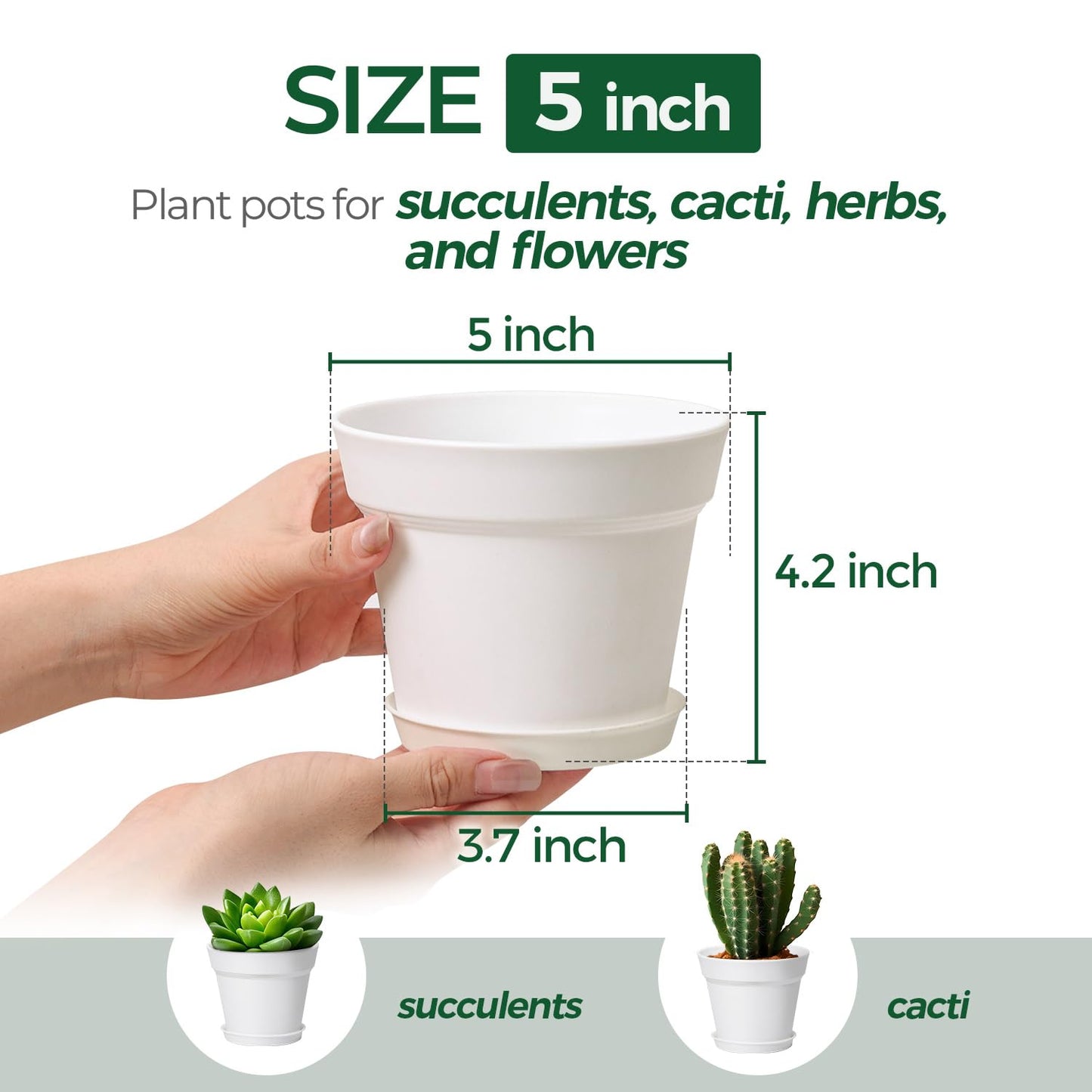 T4U Flower Pots 18-Pack, 5 Inch Plant Pot with Saucer and Drainage Hole, Durable Plastic Flower Pots, Small Pots for Plants, Violet, Succulent and Indoor Plant Decorative (18 Pack 5" Pot, White)