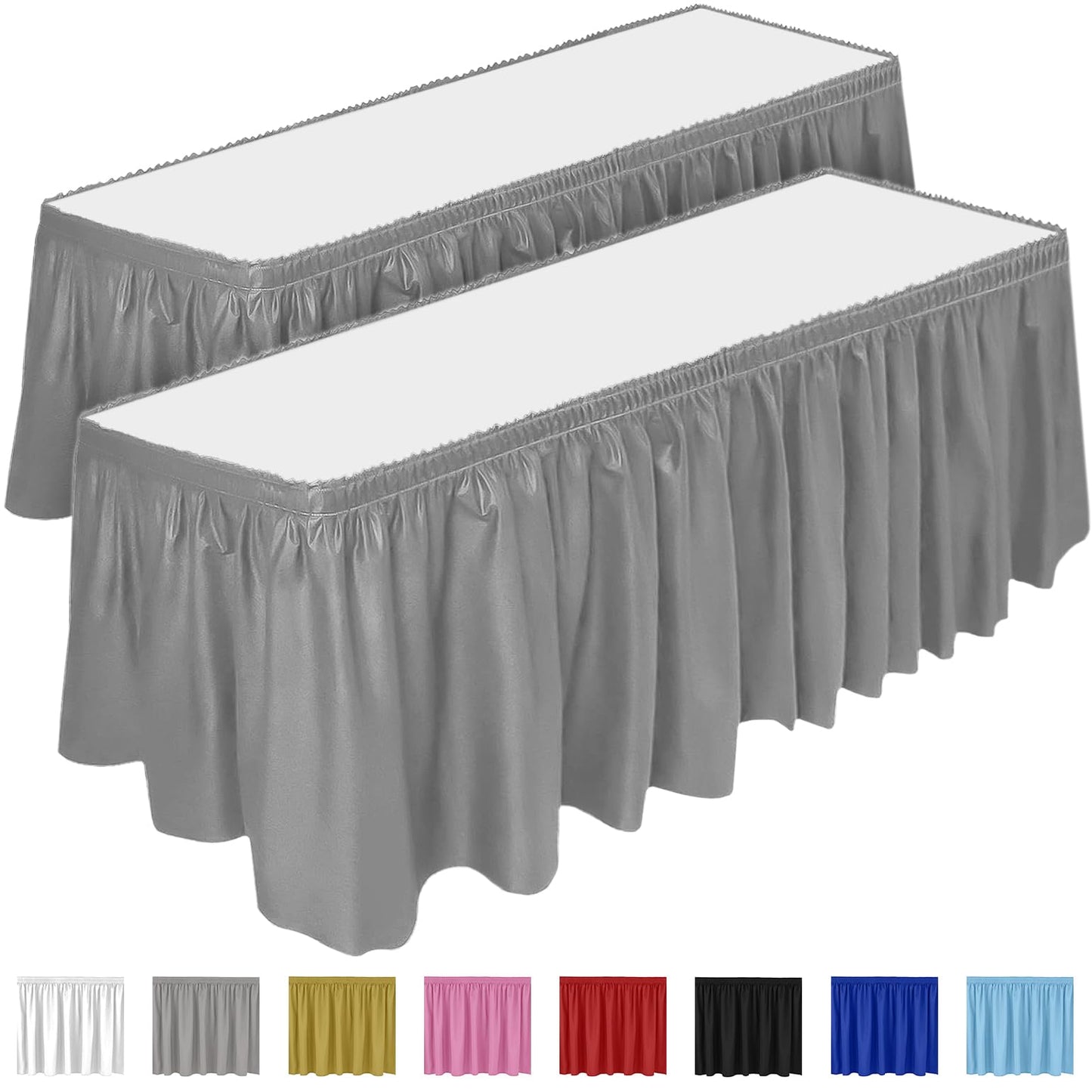 DecorRack 2 Pack Table Skirts, 29 in x 14 ft Each, Multi Pack -BPA Free- Plastic Tableskirt, Disposable, Reusable, Rectangular Tablecloth Skirt, Silver (2 Pack)
