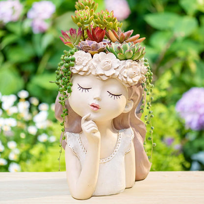 Cute Succulent Plant Pot with Drainage Hole large girl face planter pot big Resin lady head planter 11 inch tall flower vases for indoor and Outdoor plants fairy garden gift for female plants lover