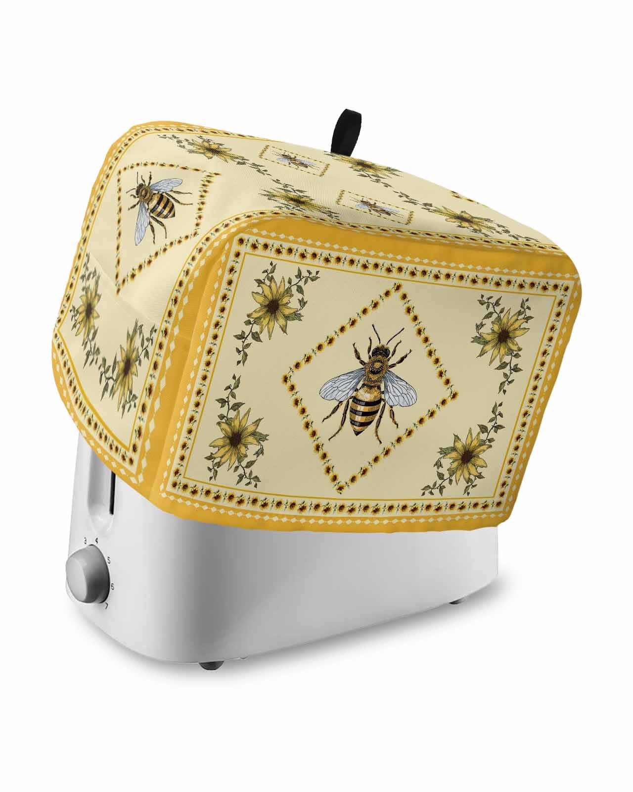 Summer Bee Toaster Cover 4 Slice, Large Kitchen Appliance Covers, Yellow Lace Farmhouse Sunflower Rustic Toaster Oven Cover with Loop, Bread Machine Cover Polyester Dust Cover Protection