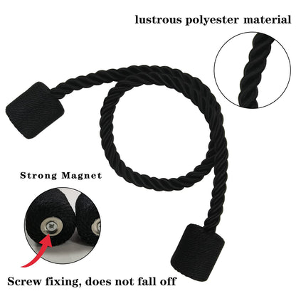 Porlau 4 Pack Strong Magnetic Curtain Tiebacks Outdoor Elegant Decorative Tie Backs Modern Rope Tiebacks for Drapes Window Curtain Holdbacks for Draperies- Black