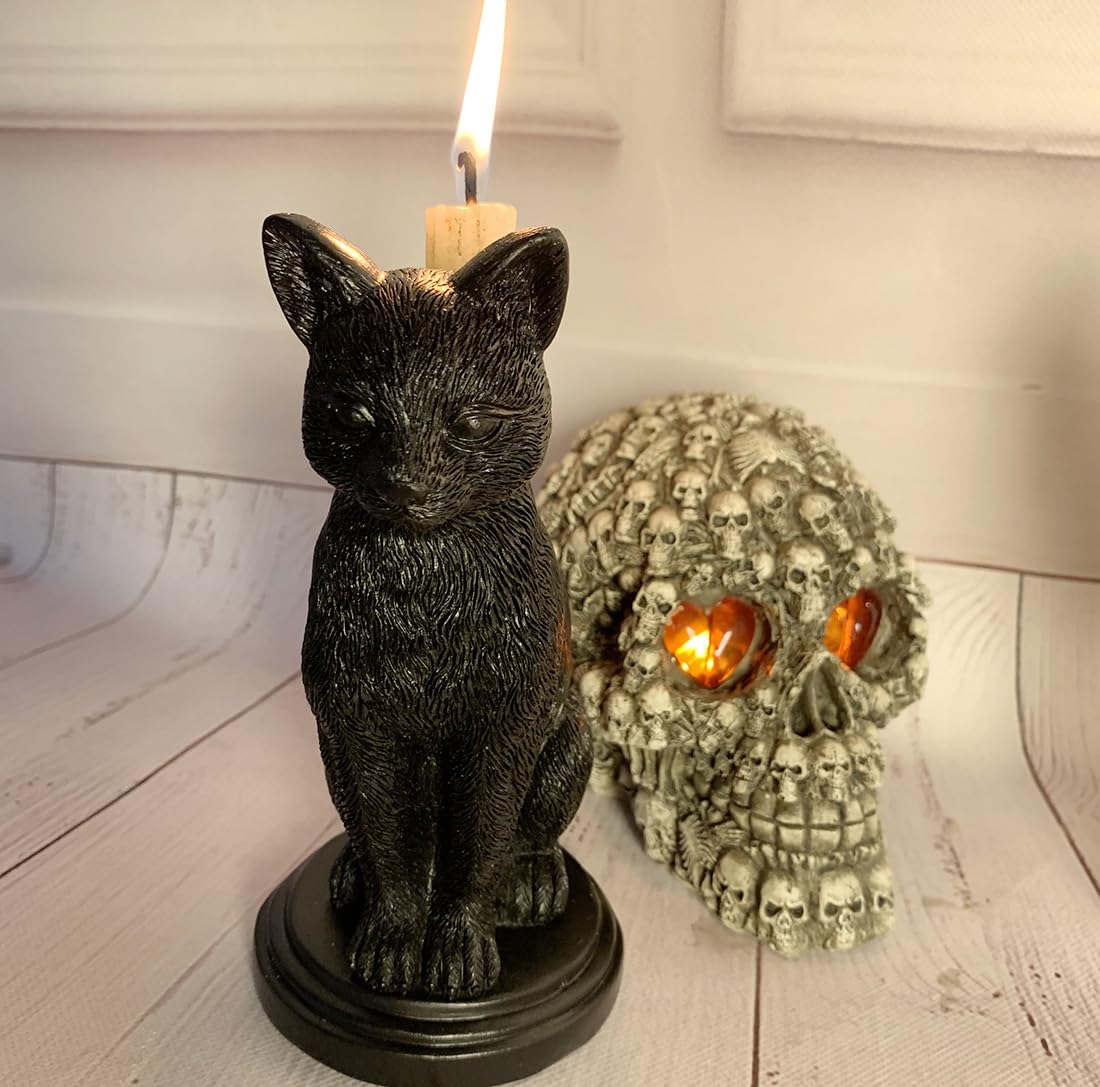 Gothic Black Cat Candle Holder Statue,Resin Cat Candlestick Holder,Halloween Gothic Tabletop Decor for Home,Dining Table & Party,Witchy Cat Figurine Gift (cat)