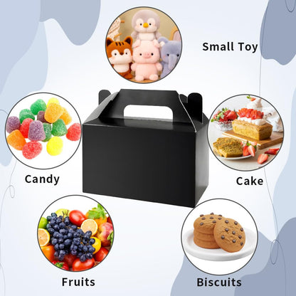 PEIQICHU 24 Pack Candy Treat Boxes Snack Goodie Bags Party Favors Box Party Gift Bags for Birthday, Baby Shower, Weddings Cardboard Candy Containers With Handle, Gable Style, Black