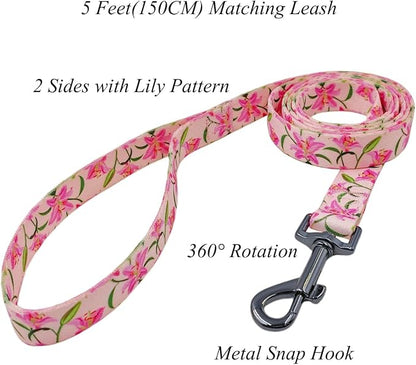 Dog Collar Leash Set, Floral Pattern, Polyester Material, Adjustable Collar and 5ft Matchcing Leash, 5ft Leash, for Small Dogs.(S, Pink Lily)