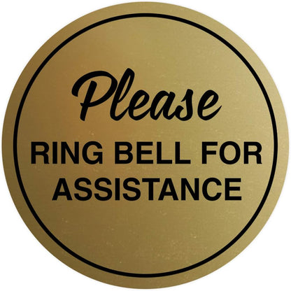 Signs ByLITA Circle Please Ring Bell For Assistance Wall or Door Sign | Easy Installation | Front Desk Reception Sign (Brushed Gold) - Medium (1 Pack)