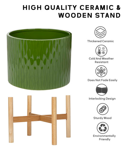 LaDoVita Ceramic Plant Pot with Stand, 10 Inch Planter with Wood Shelf, Modern Round Flower Pots Indoor with Wood Planter Holder, Dark Green Water Ripple Pattern