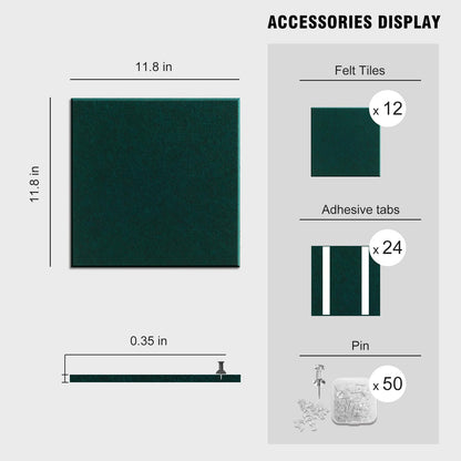 TSJOFFICE Large Cork Board for Wall - 48" x 36" Bulletin Board with 50 Pushpins for Office Decor, Pin Board 12 Pack Felt Wall Tiles with Safe Removable Adhesive Tabs, Corkboard for Home - Dark Green
