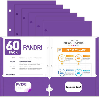 Two Pocket Portfolio Folders, PANDRI 60 Pack 3 Hole Punched 2 Pocket Folders for 3 Ring Binder, Letter Size Paper File Folder for School Office Home Business, Purple