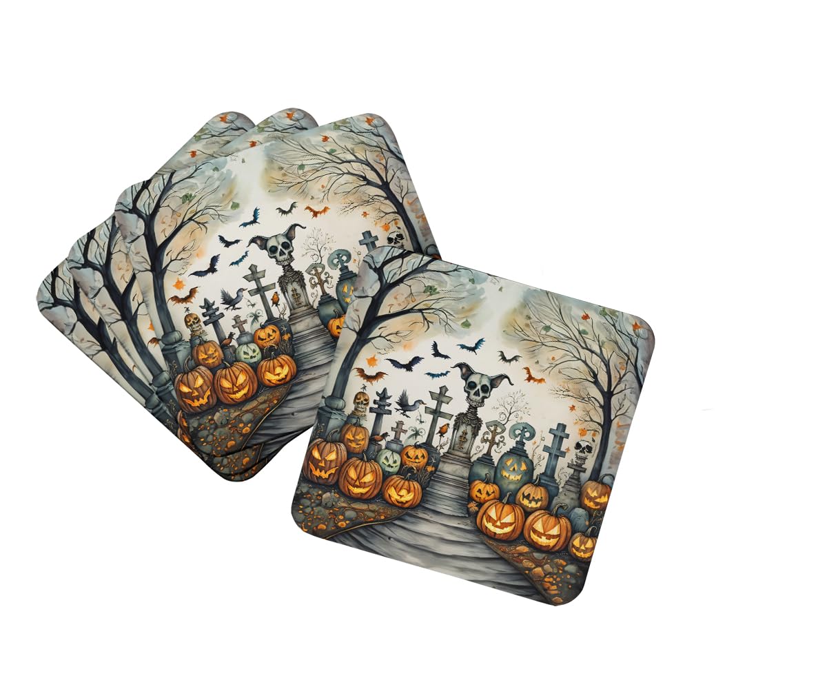 Caroline's Treasures Pet Cemetery Spooky Halloween Foam Coaster Set of 4 Cup Coasters for Indoor and Outdoor, Coaster for Tabletop Protection, Anti Slip, Mouse pad Material