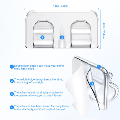 Hetyue Hooks for Outdoor String Lights Clips: 26Pcs Heavy Duty Light Hook with Waterproof Adhesive Strips - Outside Clear Cord Holders for Hanging Christmas Lighting - Outdoors Sticky Clip
