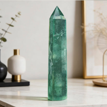 5.8-6.2 Inch Natural Green Fluorite Crystal Point 2Pcs Set, Single Terminated Hexagonal Prism Stone, Energy Protection Spiritual Awakening Crystal, Reiki Meditation Home Decor Ornament Gift