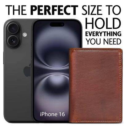 MID WEST RANGE Classic Trifold Wallet for Men, RFID Blocking, Double Bill Compartment, Full Grain Cowhide Leather Wallet, Vintage Brown
