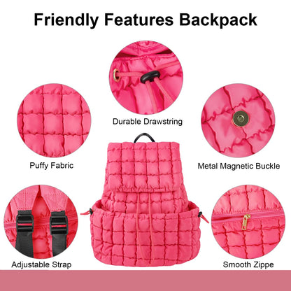 XSUIOY Quilted Backpack Purse for Women Small Lightweight Puffer Puffy College Laptop Backpack Nylon Casual Bookbag Daypack Top Flap Drawstring Padding Hiker Travel Gym Backpack(Rosered)