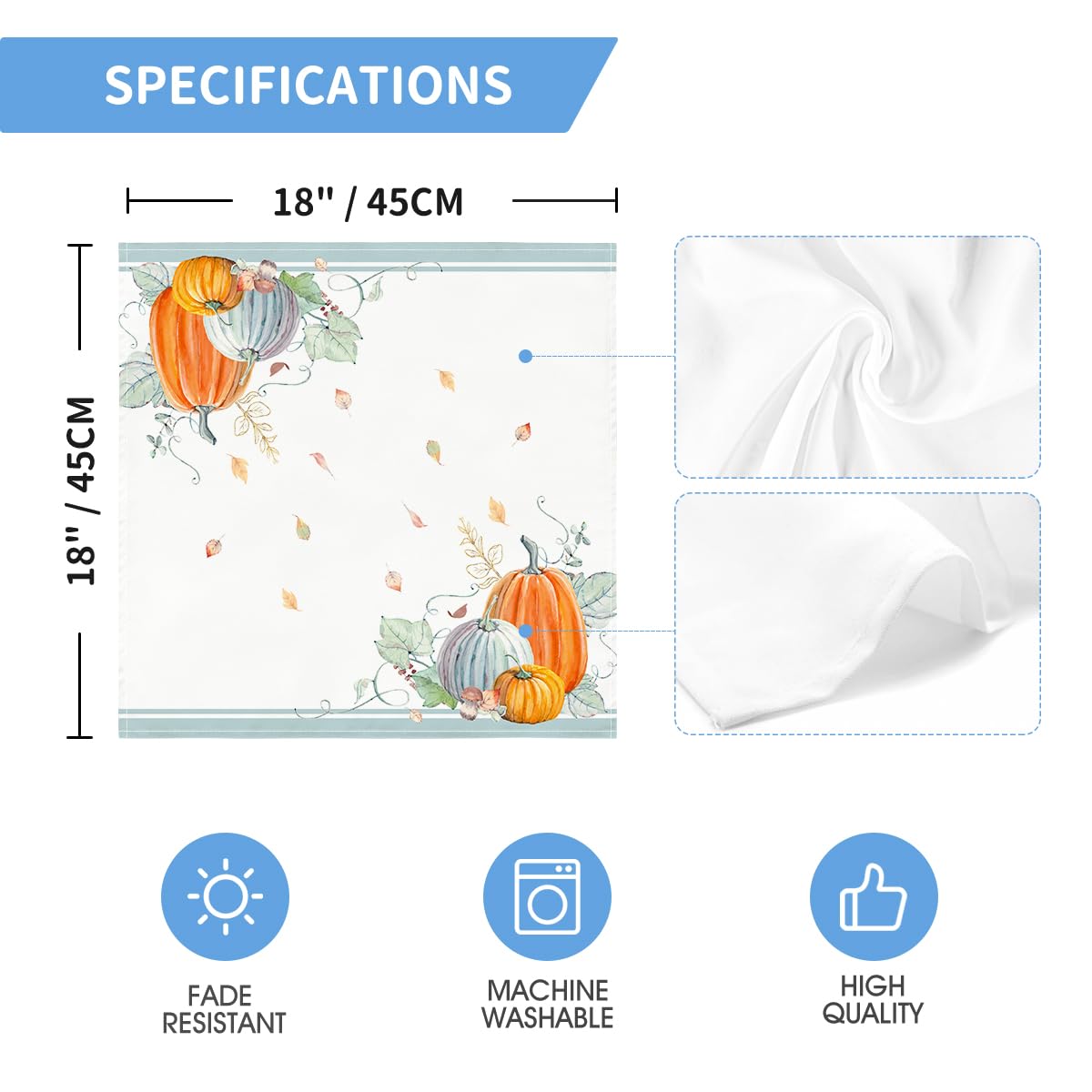 Horaldaily Fall Cloth Napkins 18 x 18 Inch, Thanksgiving Autumn Harvest Orange Blue Pumpkin Leaves Party Dinner Decoration Washable Napkins Set of 6