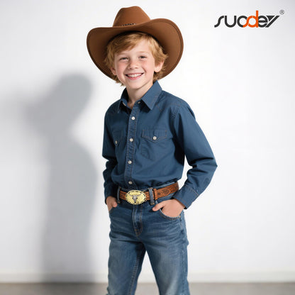 SUOSDEY Kids Western Cowboy Belt for Boys Girls,Toddler Cowgirl Embossed Leather Belt with Longhorn Bull Buckle