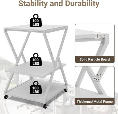 Natwind 3 Tier Printer Stand, 19.7''x19.7'' Large Printer Table with Height Adjustable Shelf, Rolling Printer Cart with Wheels,Multifunctional Organizer Shelf for Home Office Kitchen（White）