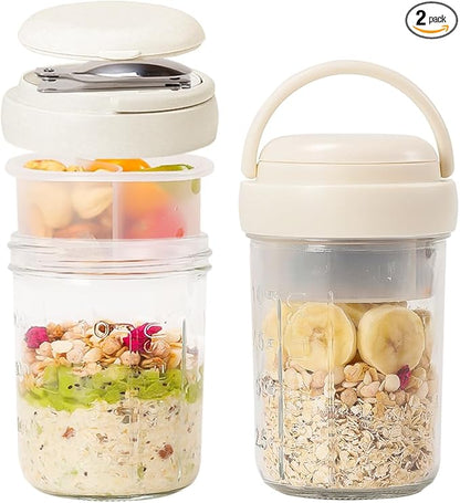 UWILLION Overnight Oats Containers with Lids and Handles, 16 oz Glass Mason Jars with Folding Spoons & Topping Compartments, Yogurt Parfait Cups for Meal Prep, Chia Pudding, Breakfast to Go, 2 Pack