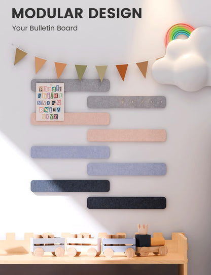 Fluxynara Cork Board Alternative Felt Strip Board 8-Pack 13"x2", Office Pin Board with 50 Push Pins, Adhesive Install for Bedroom Door & Home Office (Nordic Moonlight)