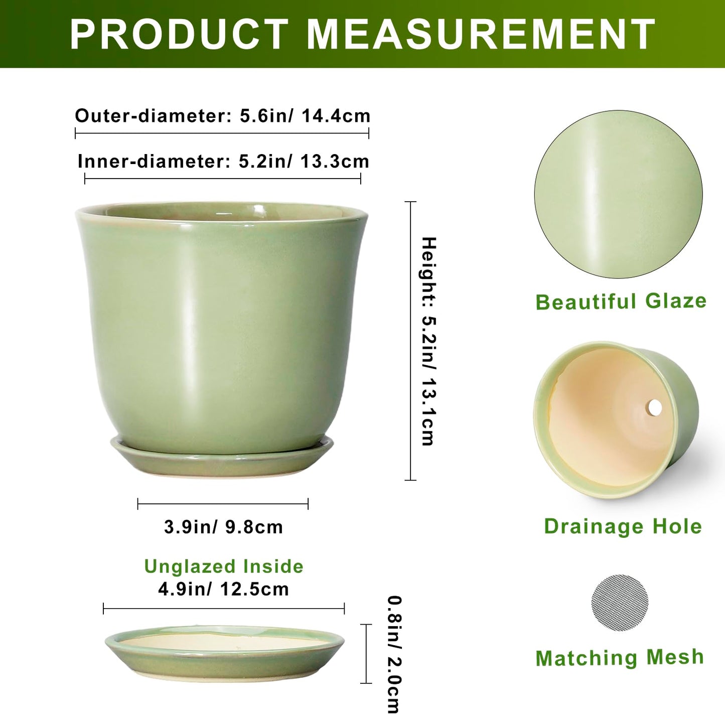SUNPOTFOR 5.6 Inch Plant Pot - Ceramic Pots for Plants Indoor Outdoor, Round Orchid Succulent Pot with Drainage Hole and Saucer, Modern Small Planter, Home Room Window Decor, Plants Lover Gift, Green