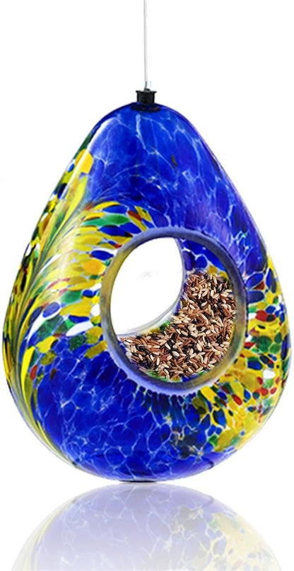 VOREEN Glass Bird Feeder, Handcrafted Hanging Fly-Through Feeder for Outdoor Garden & Backyard, Decorative Wild Bird Feeder with Steel Wire Cable,Blue