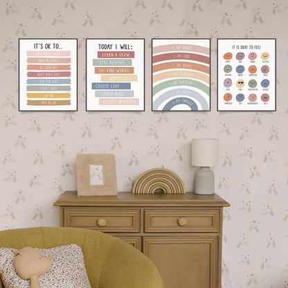 PLKMN Boho Rainbow Wall Art Set of 4, Inspirational Kindness Posters for Kids Room, Mental Health Decor for Nursery, Classroom, 8x10 Inch, Unframed