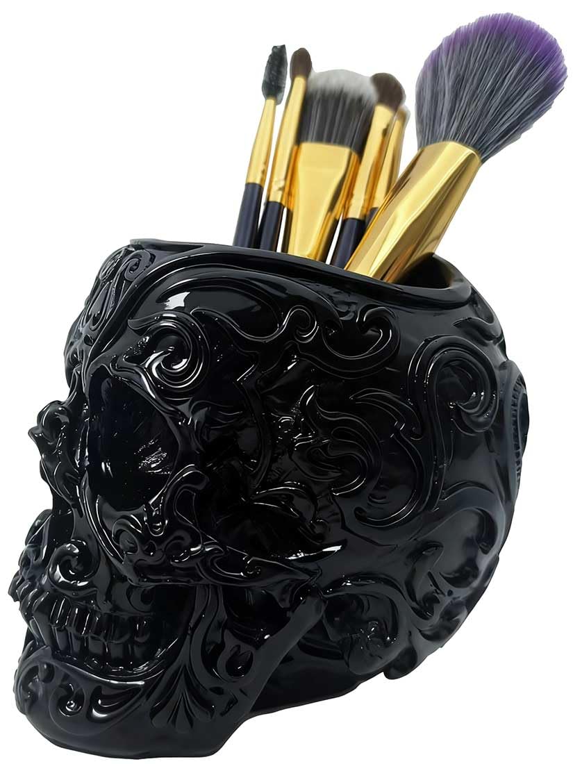 CUZOKOLA Goth Accessories Black Skull Decor for Pen Holder with Strong Resin,Skull Makeup Brush Holder for Vanity Decor,Office Organizer,Skull Planter
