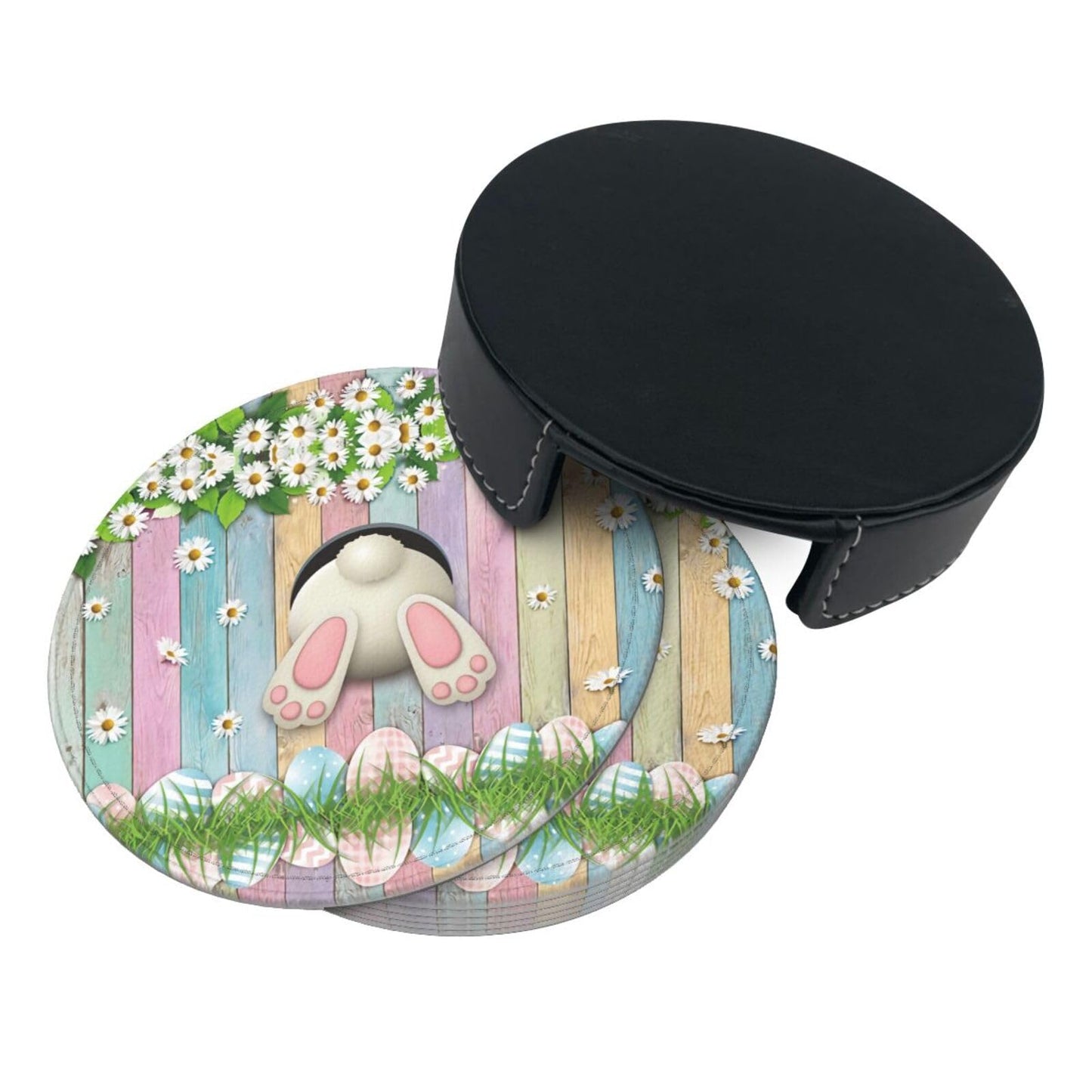6 Pack Cute Easter Eggs Bunny Coasters for Drinks with Holder, Leather Coasters for Kitchen,Coffee Decor