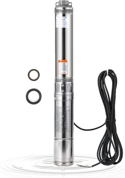Deep Well Submersible Pump, 1.5HP 230V/60Hz, 27GPM Flow 259ft Head, with 33ft Electric Cord & Check Valve, 4" Stainless Steel Water Well Pump for Industrial,Irrigation,Home Use, IP68 Waterproof Grade