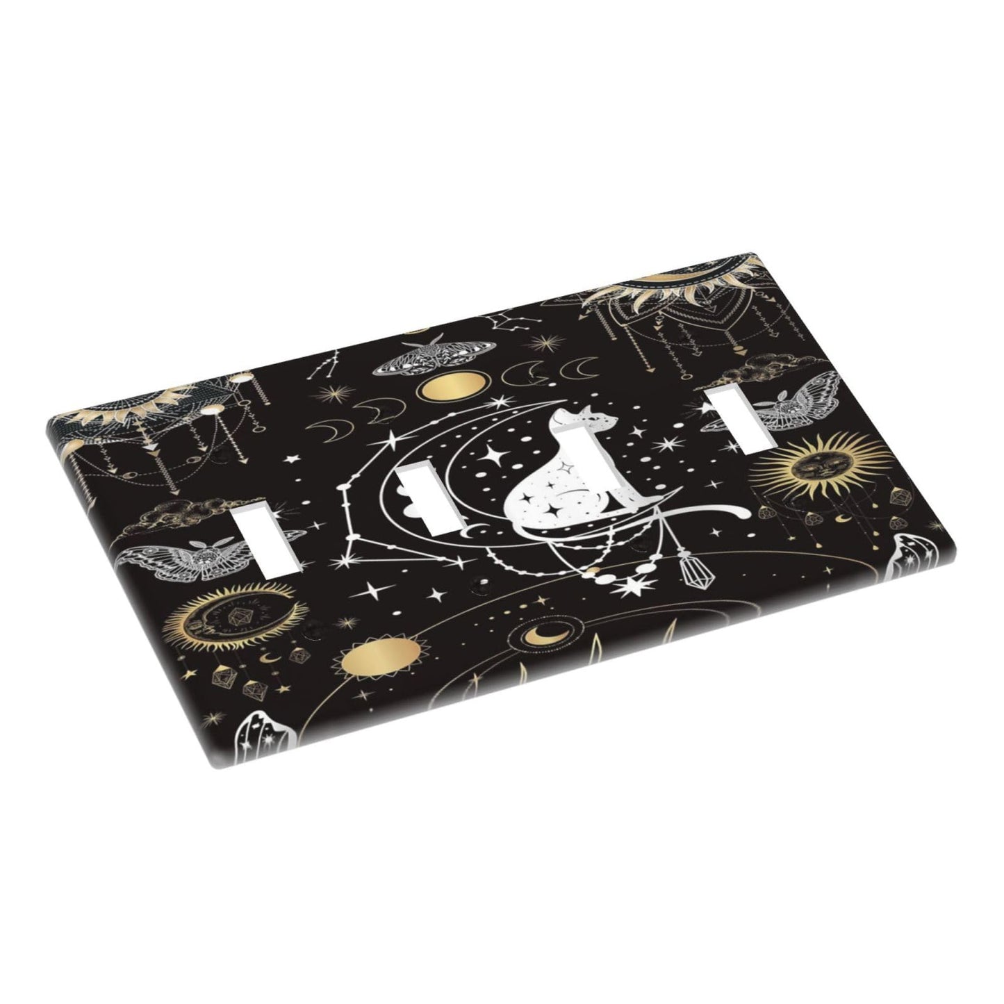 White Cat Tarot Moon Phases Moth Celestial Gothic Light Switch Covers Quad Toggle Electrical Faceplate 4 Gang Wall Plate Decorative Switch Plates Cover for Kids Room Bedroom Decor