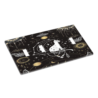 White Cat Tarot Moon Phases Moth Celestial Gothic Light Switch Covers Quad Toggle Electrical Faceplate 4 Gang Wall Plate Decorative Switch Plates Cover for Kids Room Bedroom Decor