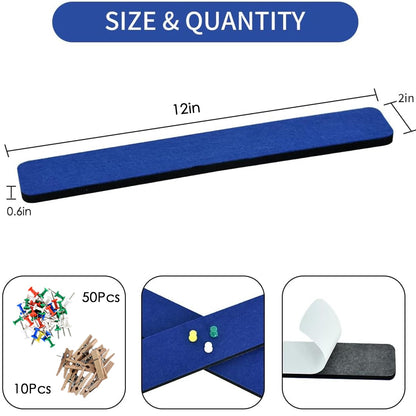 Vuzvuv 8 pcs Bulletin Board Bar Strips with 50 Pushpins & 10 Wooden Clip pins，Self Adhesive Cork Board for Wall，Felt Pin Board for School，Office Decor(Dark Blue)