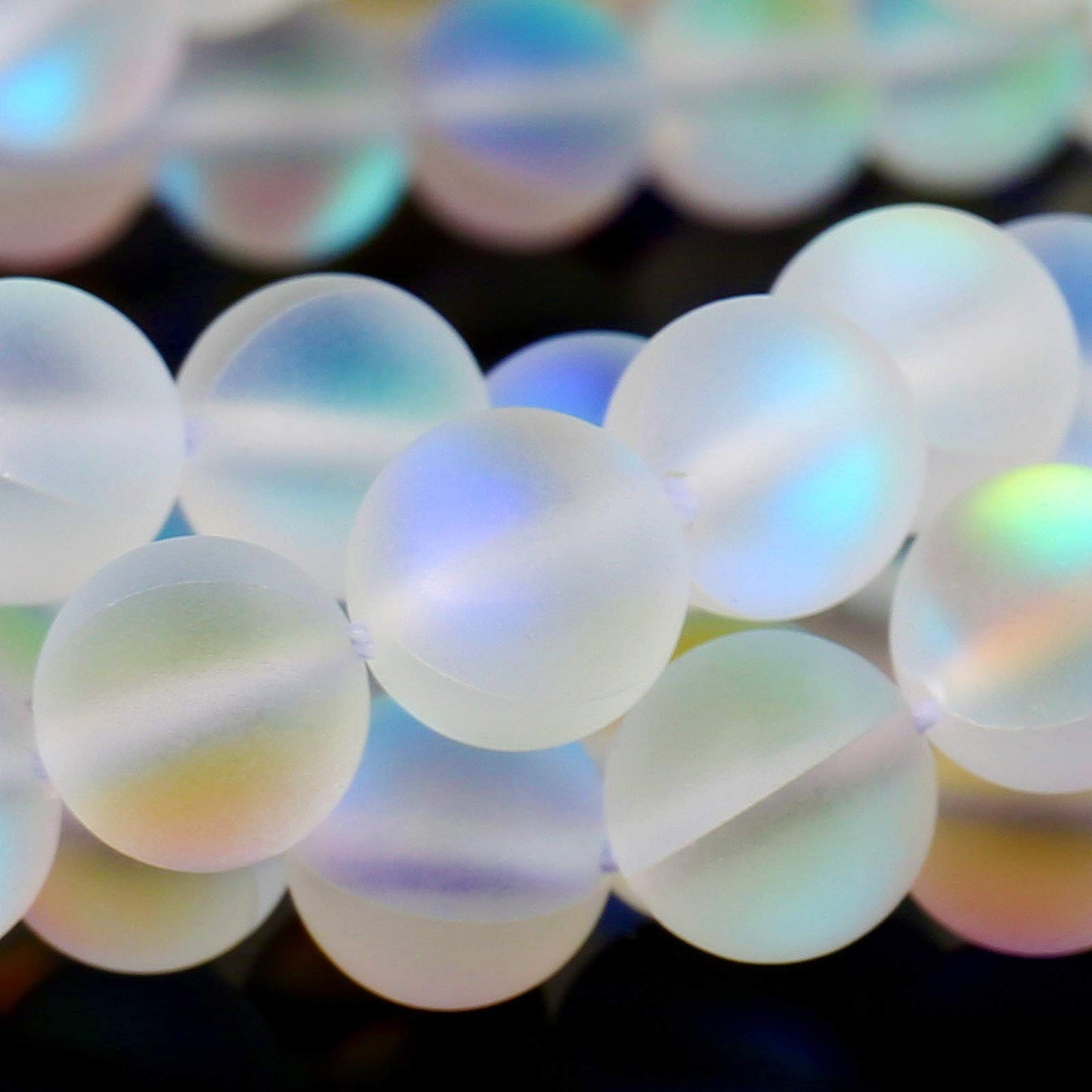 Matte White Aurora Crystal Glass Beads, 10MM Frosted Glitter Shining Mermaid Round Loose Beads, Rainbow Holographic Synthetic Moonstone for Jewelry Making DIY Bracelet