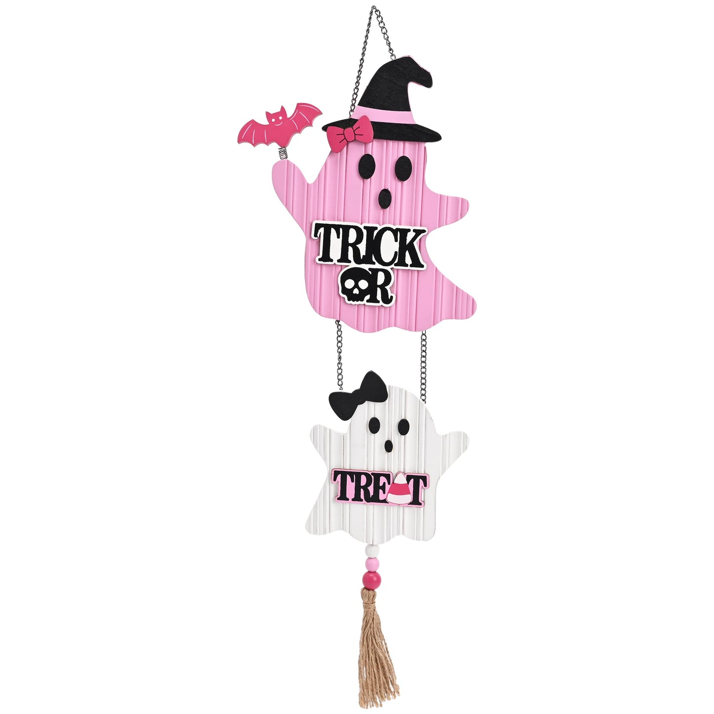 Valery Madelyn Pink Halloween Decorations, Cute Halloween Door Wreath Decorations, Ghost with Witch Hat Wooden Hanging Sign for Wall Window Door Handle, 16 inch
